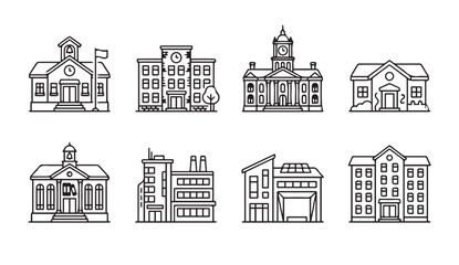 Fototapeta premium Collection of diverse building outline icons representing educational civic and residential structures in a clean graphic style