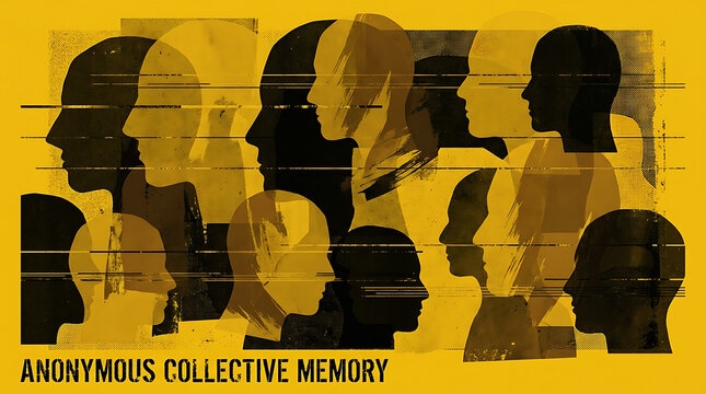 Crowd of abstract black head silhouettes on yellow background