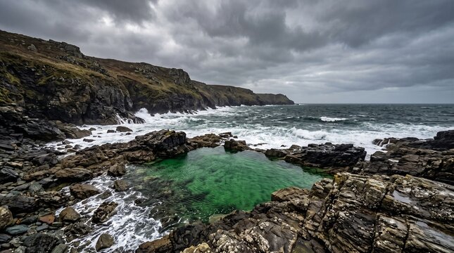 Dramatic seascape with rocky shoreline and turquoise pool