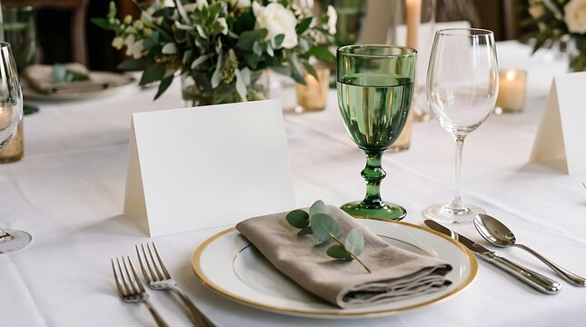Elegant dinner table setting with green glass and plates isolated on white background