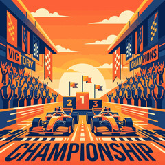Obraz premium Exciting Championship Race With Formula 1 Cars Victory Lane and Cheering Crowd