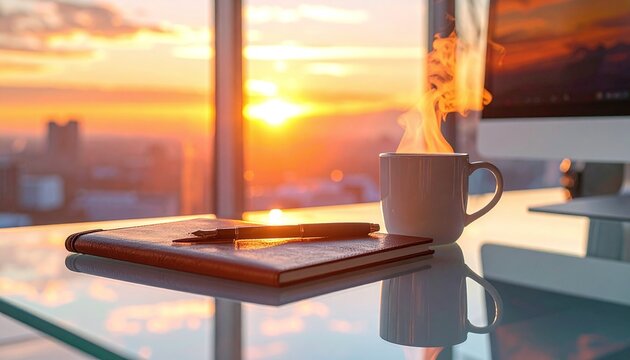 A steaming coffee mug and notebook on a glass desk at sunrise evoke inspiration and productivity. Perfect for quiet morning routines in a modern office with city views. Nobody.
