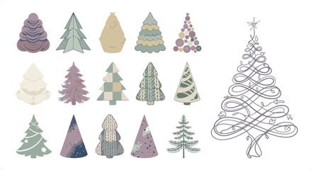 Obraz premium Whimsical Christmas Trees with Decorative Patterns and Swirls Vector Illustration for Festive Design