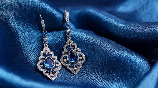 Elegant pair of platinum sapphire earrings on luxurious blue satin background, fine female jewelry close up, premium gemstone earrings for luxury fashion, wedding gift, anniversary, bridal accessories