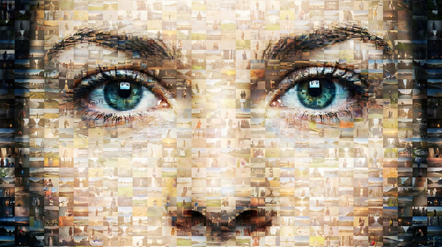 Photomosaic portrait of a woman's face, green eyes, neutral expression