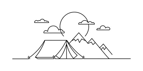 Camping tent in the mountains with sun and clouds line art illustration Vector, illustration © KDP Publisher