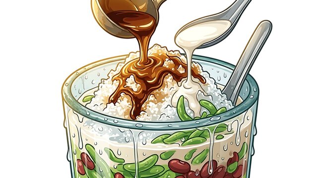 Pouring palm sugar syrup and coconut milk over cendol dessert