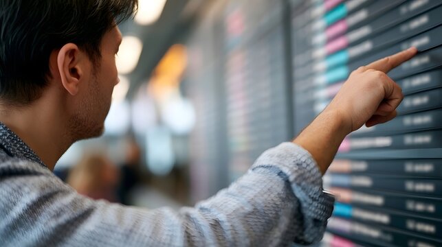 A man points at a flight information display board in an airport terminal while checking his travel schedule