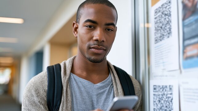 Young African American man standing against a wall, holding a smartphone and looking at QR codes displayed on posters in a modern indoor setting