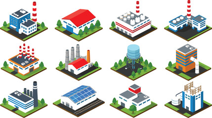 Fototapeta premium Isometric Industrial Building Vector Icon Collection Featuring Factory, Warehouse, Manufacturing Plant, Water Tower, Power Facility and Industrial Infrastructure
