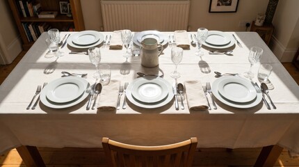 Fototapeta premium A beautifully arranged dining table welcomes guests with shining glassware and delicate dishes, all bathed in warm sunlight. The cozy setting invites cheerful conversations and delicious meals.