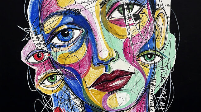Vibrant abstract portrait with deconstructed face and rainbow colors