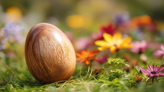 Colorful Easter Eggs Resting in Fresh Green Grass with Spring Flowers for Holiday Celebration and Seasonal Nature Tradition