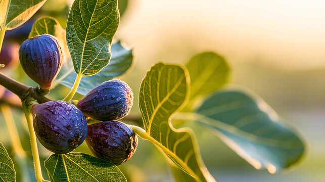 Ripe figs on a branch with morning dew, wide banner