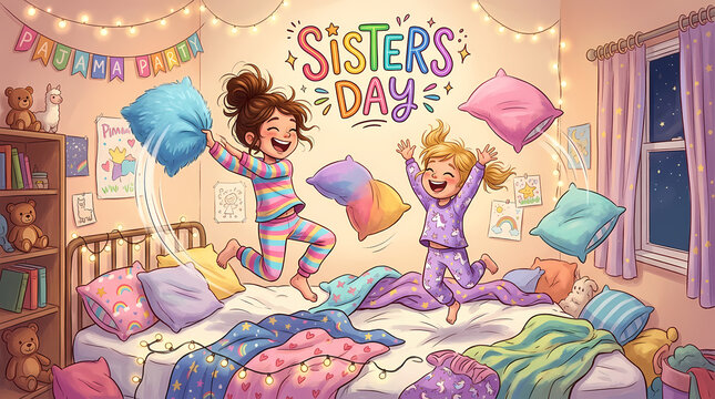 Generative AI illustration of a Sisters Day greeting card featuring two happy young girls in pajamas having a fun pillow fight jumping on a bed in a cozy bedroom