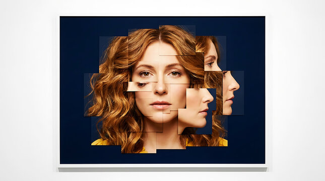 Woman with fragmented face showing multiple portraits in blue background