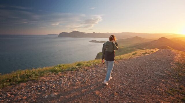 Young woman hiking along a dirt path on a hill overlooking a beautiful sea bay at sunset. Cinematic steadicam follow shot footage for active lifestyle, summer travel and freedom video.	