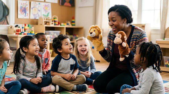 Smiling teacher using hand puppets to entertain children in classroom