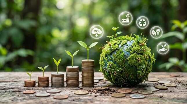 Mossy moss covered globe with small plant seedlings growing on stacked coins outdoors in green forest representing green investment and sustainability