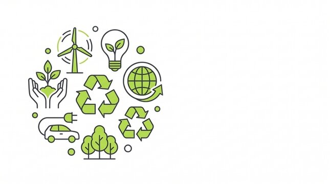 Green environmental line art icons arranged in circular emblem isolated on white background with copy space representing sustainability and eco friendly concept