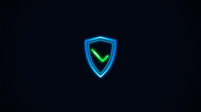 3D Rotating Neon Shield Logo with Green Checkmark Cyber Security Concept Motion Graphic
