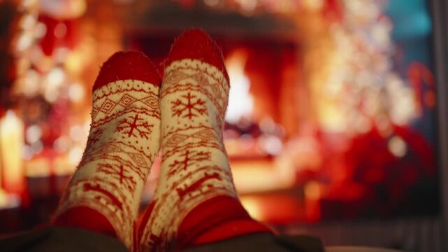 Feet in Knitted Red and White Socks Resting by Fireplace with Blurred Background of Holiday Lights