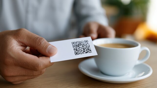 Person holding a white card with a QR code above a cup of coffee on a wooden table, with a blurred background of indoor greenery and warm lighting