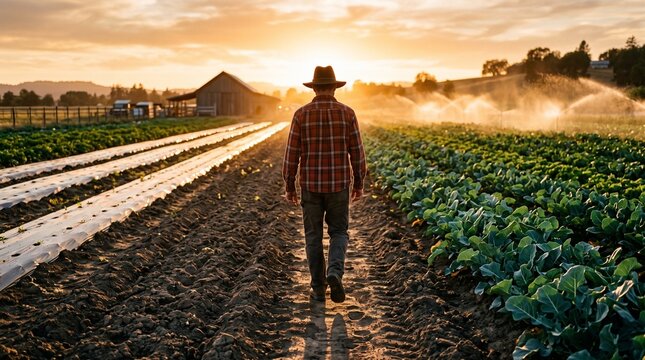 Rear view of adult man farmer walking through agricultural field outdoors at sunset wearing plaid shirt and hat representing agriculture