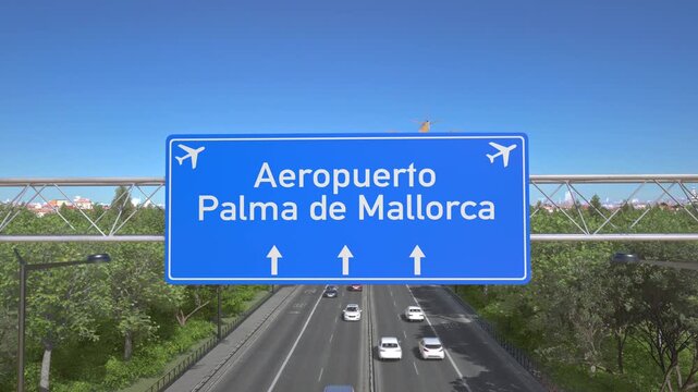 Blue motorway sign for Palma de Mallorca Airport with an airliner flying above along the road toward the airport