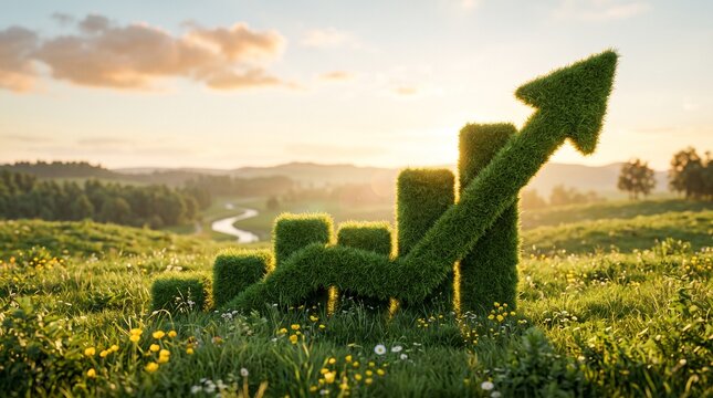 Grass bar chart with upward arrow in green rural field at sunset, serene outdoors eco growth concept