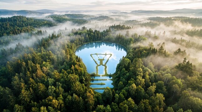 Aerial view of light bulb shaped lake in misty green forest, serene outdoors morning concept for clean energy