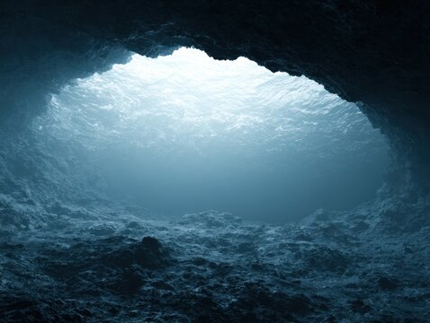 Light Entering an Underwater Cave with Water Surface and Rocky Floor Below