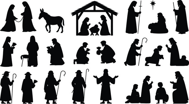 Christmas Nativity silhouette collection featuring Holy Family, shepherds, wise men and donkey, black vector illustration isolated on white background