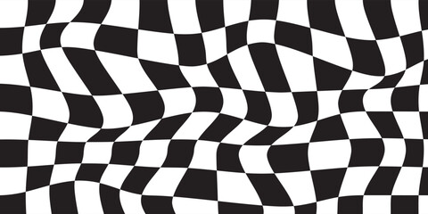 Obraz premium Abstract distorted checkerboard pattern background vector illustration. Groovy retro psychedelic warped checkered texture, black and white optical illusion geometric backdrop