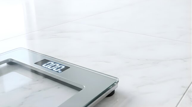 Digital glass weighing scale on white marble floor with empty space
