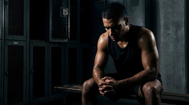 Depressed athlete sitting on a bench in a dark gym locker room