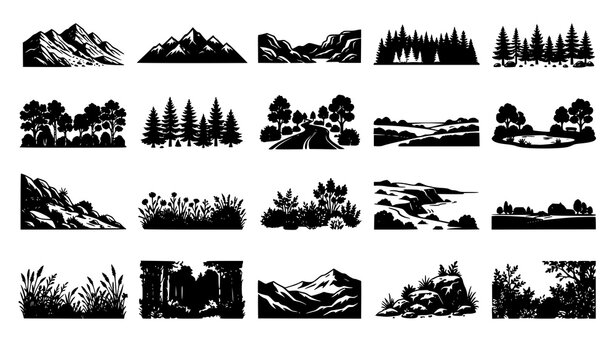 Black Landscape Silhouette Collection with Mountain Peaks Forest Trees Hills and Nature Borders Vector
