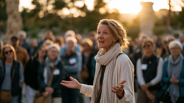 A museum docent guides a large golden hour crowd through an outdoor sculpture garden, gesturing toward an abstract installation, visitors clustering with mixed engagement, the