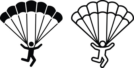Skydiving and parachuting person vector icon set in solid black silhouette and outline line art styles © Ariful