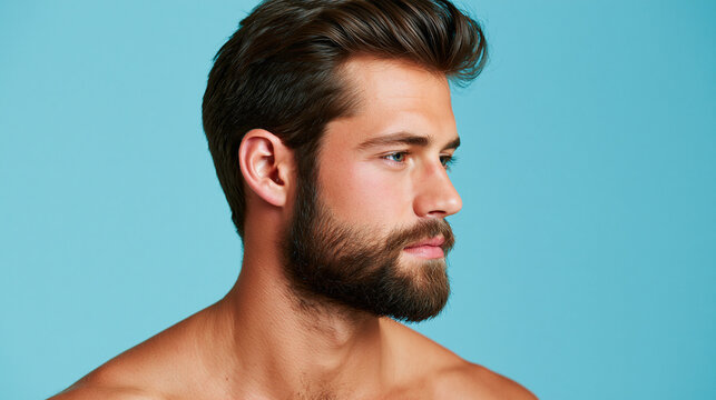 Portrait de profil d'un jeune homme s&eacute;duisant avec barbe et peau parfaite, concept de soin masculin sur fond bleu