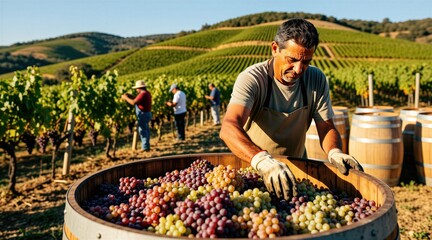 Obraz premium Mature male winemaker collects ripe purple grapes in large wooden barrel at sunlit vineyard. Seasonal workers harvest vine crops on rolling green hills in background. Farmer wearing apron works in