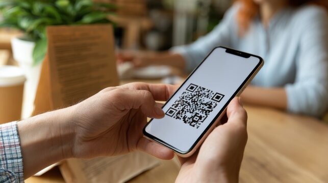 Hand holding smartphone displaying QR code in a cafe setting with blurred background of a woman and indoor plants on wooden table