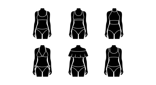 Swimwear Silhouettes, Bikini Styles, Beachwear Fashion Vector Icons Set