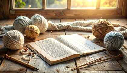 Plakat Strickmuster mit Wollknäueln und Maßband auf rustikalem Holz