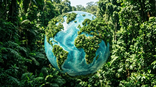 Planet earth covered in green forest foliage levitating outdoors in lush jungle in daytime presenting environmental conservation, sustainability, and ecology