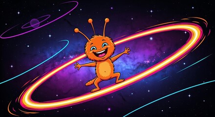 Naklejka premium Cute Happy Orange Alien Character Balancing Energy Vortex In Deep Space Celestial Starry Galaxy