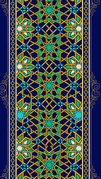 Vibrant Moroccan-inspired geometric star pattern with gold strapwork, green and turquoise accents on a deep navy blue background, framed by ornate floral borders.