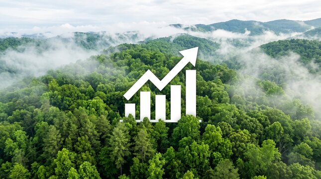 White financial growth bar chart icon overlaid on misty green mountain forest outdoors during morning representing sustainable economic development