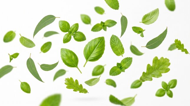 Fresh green leaves and herbs levitating on white background in daytime studio presenting fresh, healthy cooking and organic nature concepts