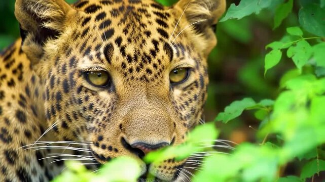 Close up leopard face peering through green leaves.
